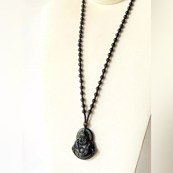 Obsidian Stone Buddha Beads Chain Necklace Jade Buddhism - Picture 3 of 5
